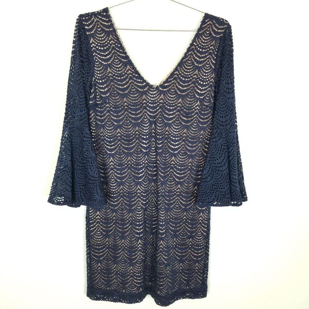 LILLY PULITZER NICOLINE BELL SLEEVE DRESS SCALLOPED‎ SHELL LACE TRUE NAVY SIZE L